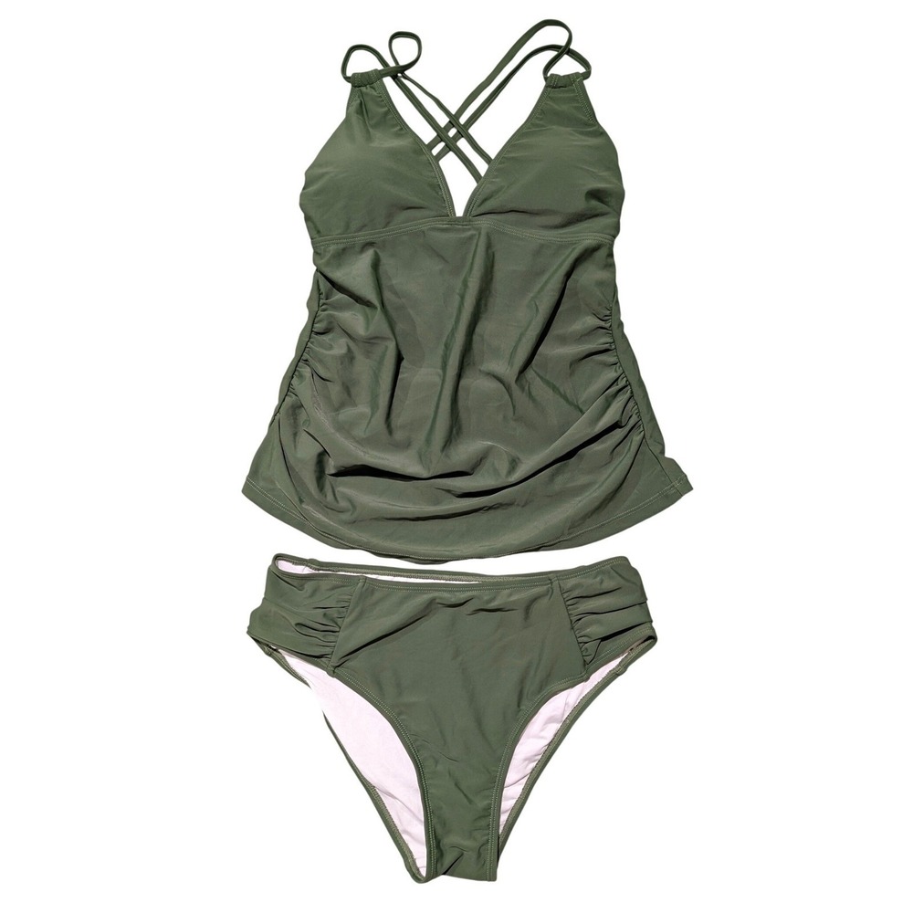 Cupshe Olive Green‎ Ruched Tankini Set High Waisted Crisscross Back Swimsuit S